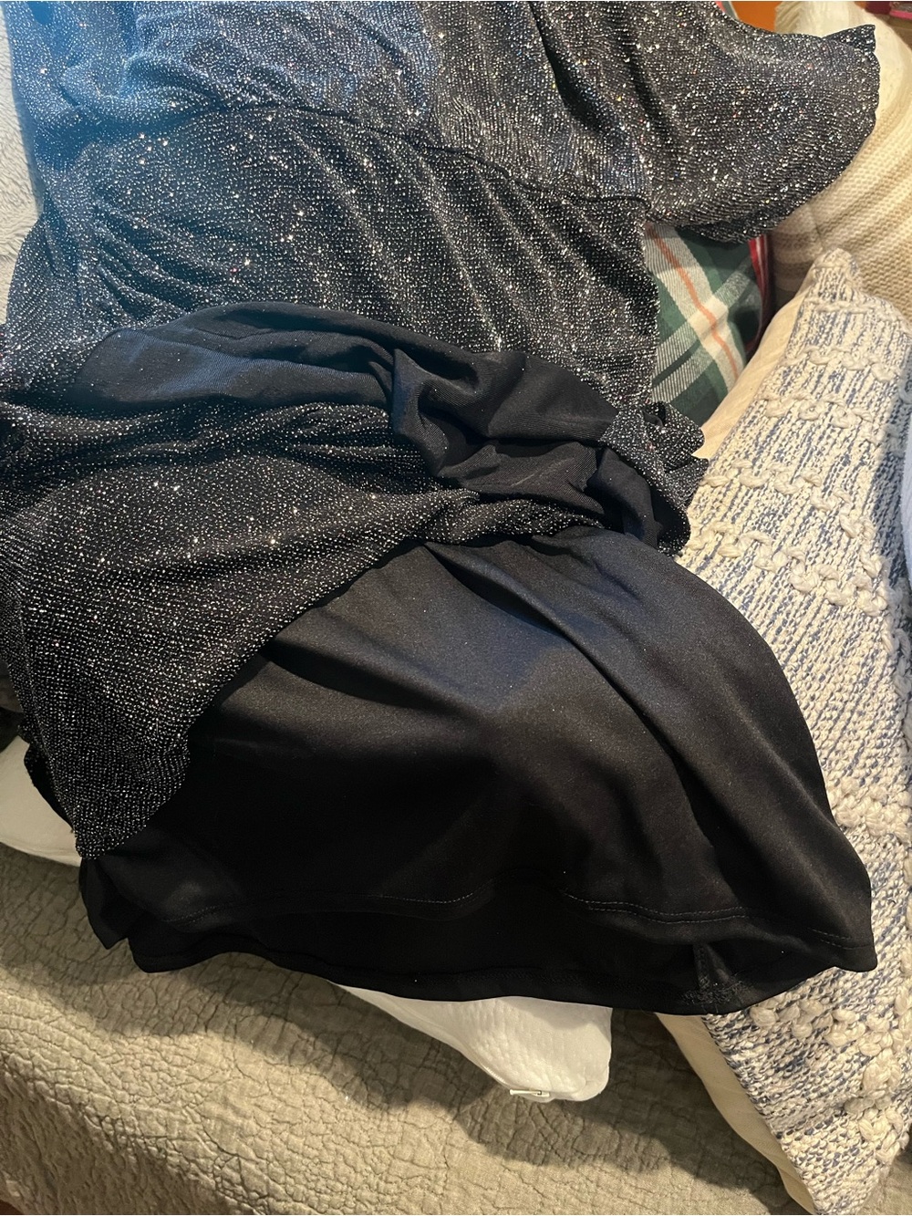 White Birch Women’s Black Sparkle Draped Midi Dress one sleeve - Picture 7 of 12